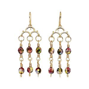Handmade Czech Autumn Sunset Glass Beaded 24K Gold Chandelier Boho Earrings